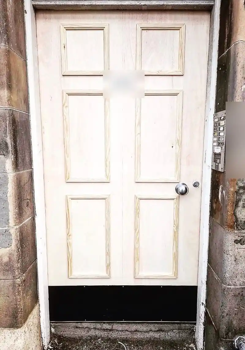 New unpainted six-panel timber door with a black kick plate in a stone doorway, entry panel to the right.