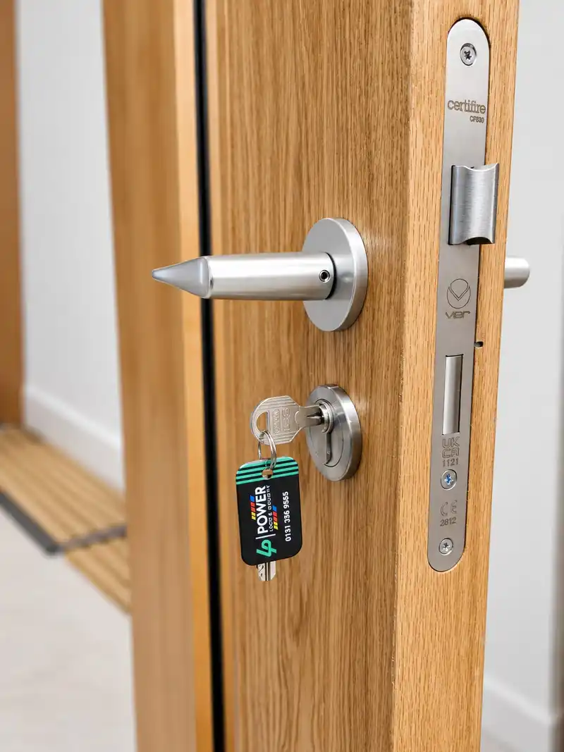 Close view of a satin steel lever handle and a euro cylinder with a key on a Power Lock & Security key fob.