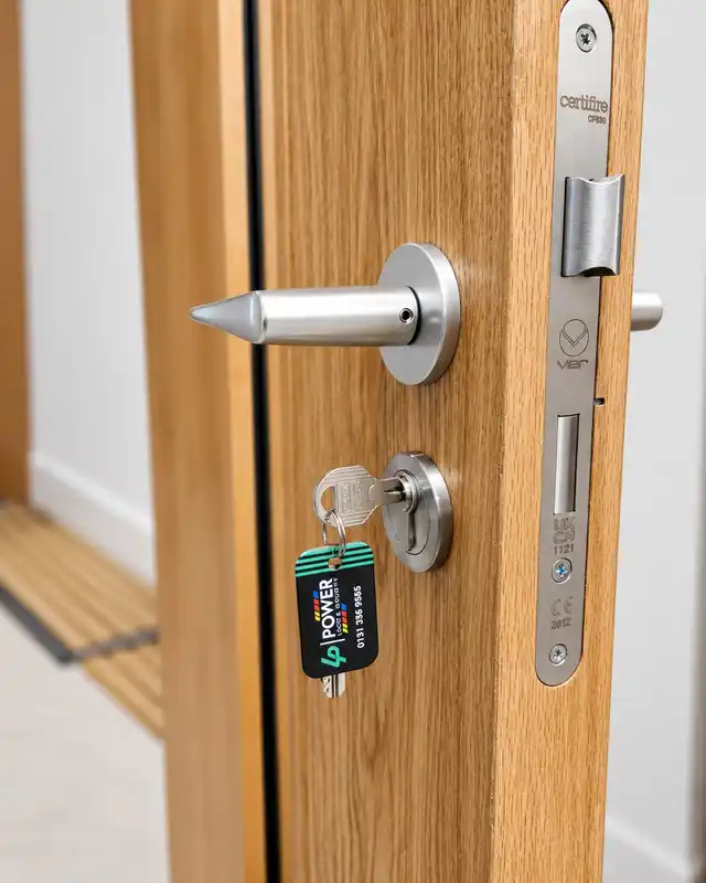 Close view of a satin steel lever handle and a euro cylinder with a key on a Power Lock & Security key fob.