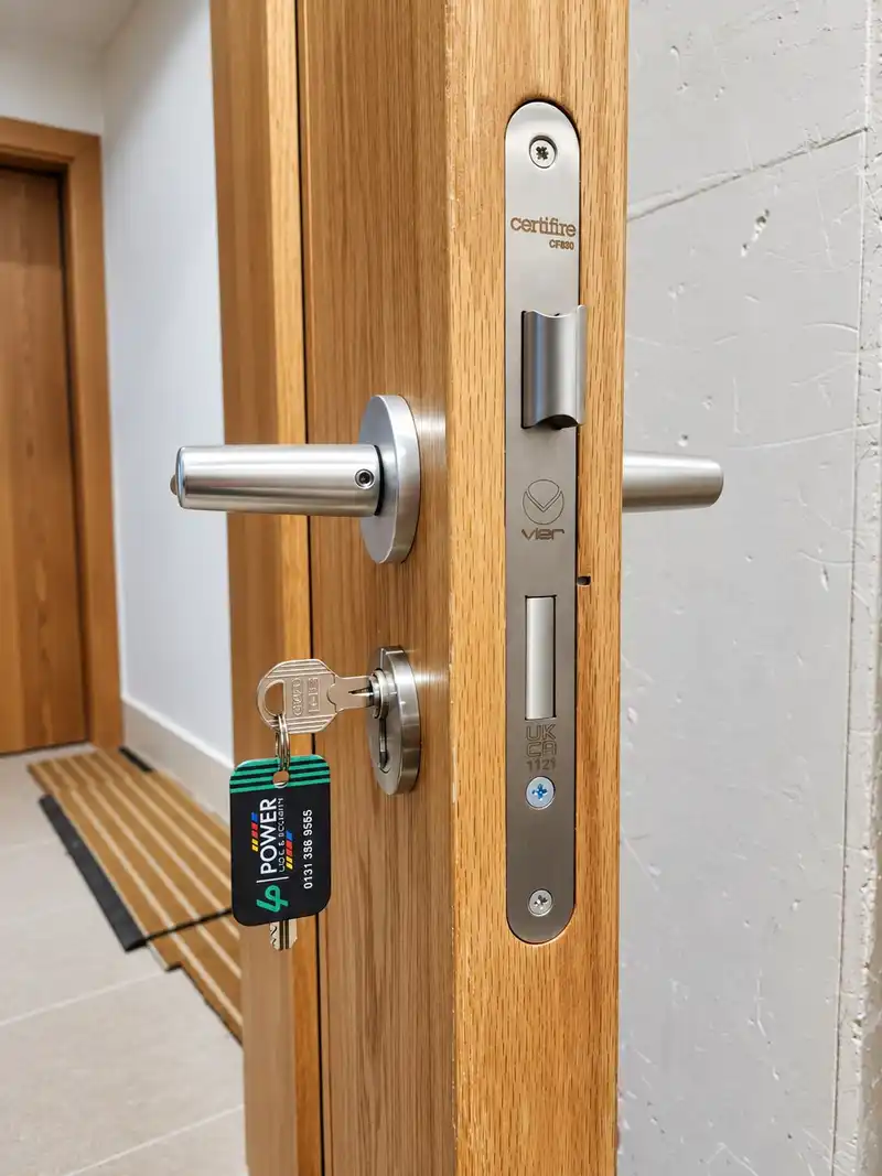 Satin steel lever handle and mortice sashlock on an oak-veneer door, with a corridor behind.