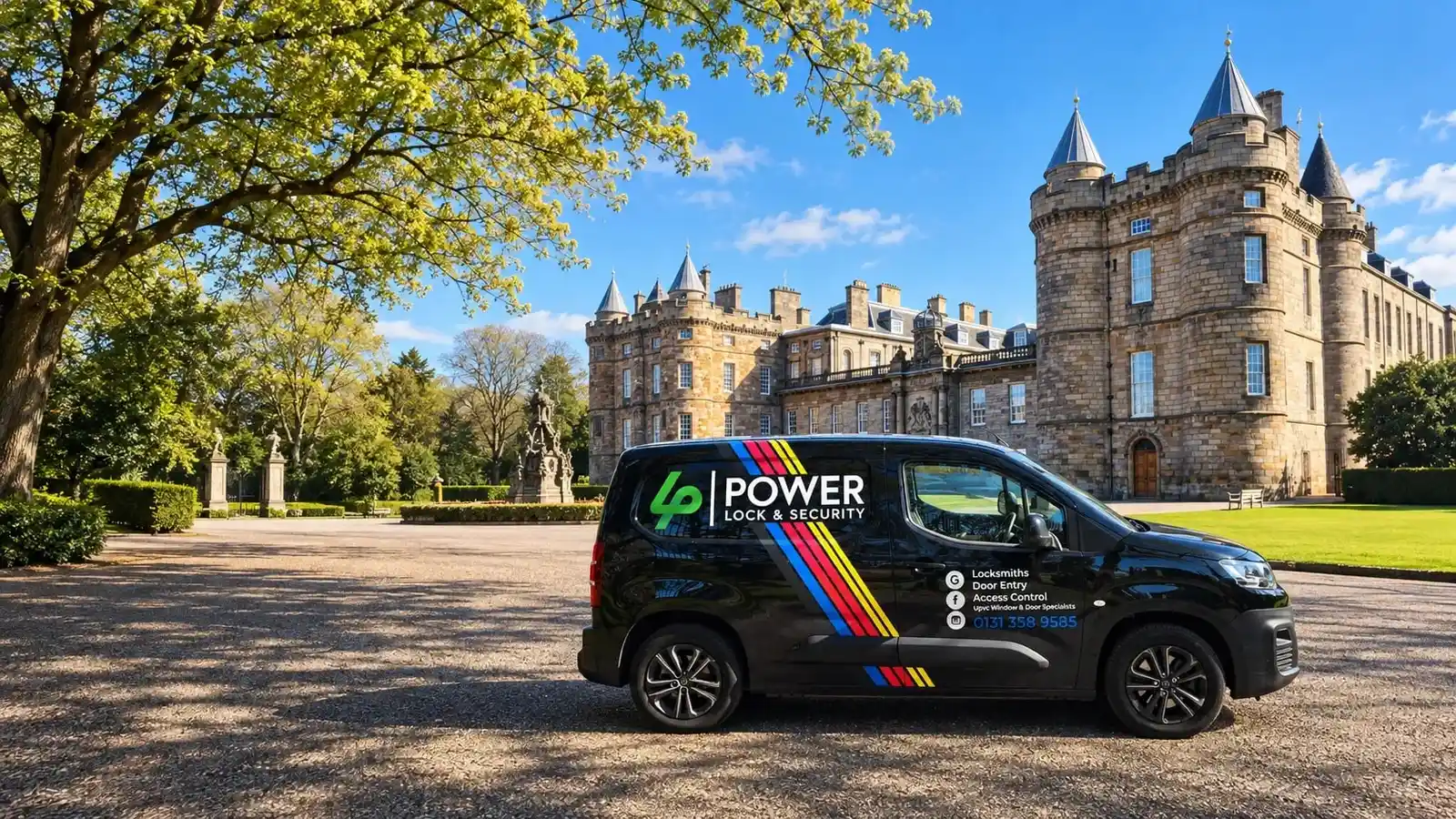 Black Power Lock & Security van with green logo and yellow, red and blue livery stripes, parked on the gravel forecourt of a sandstone palace under a blue sky.